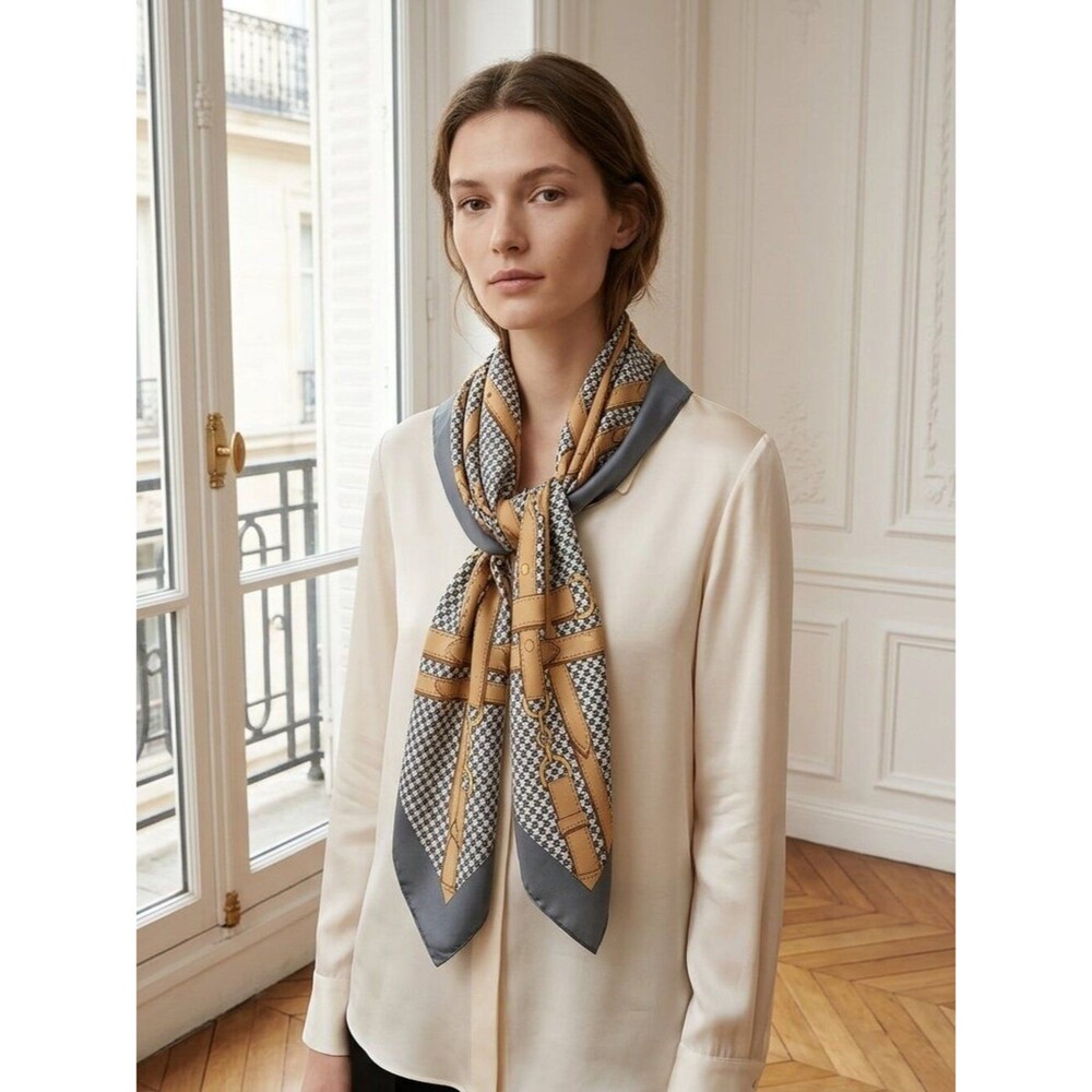 Elegant Gray Houndstooth Belt & Buckle Print Scarf